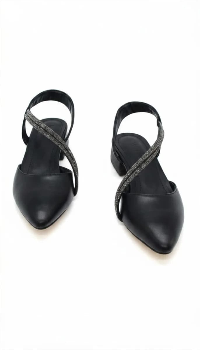 Kadın Siyah Çapraz Bantlı Alçak Kalın Topuklu Slingback Ayakkabı - görsel 3