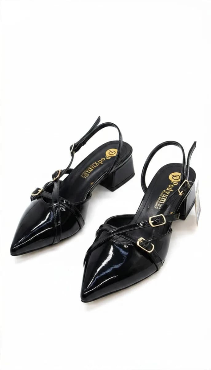 Kadın Siyah Rugan Taş Tokalı Alçak Kalın Topuklu Slingback Ayakkabı - görsel 4