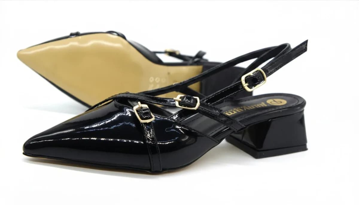 Kadın Siyah Rugan Taş Tokalı Alçak Kalın Topuklu Slingback Ayakkabı