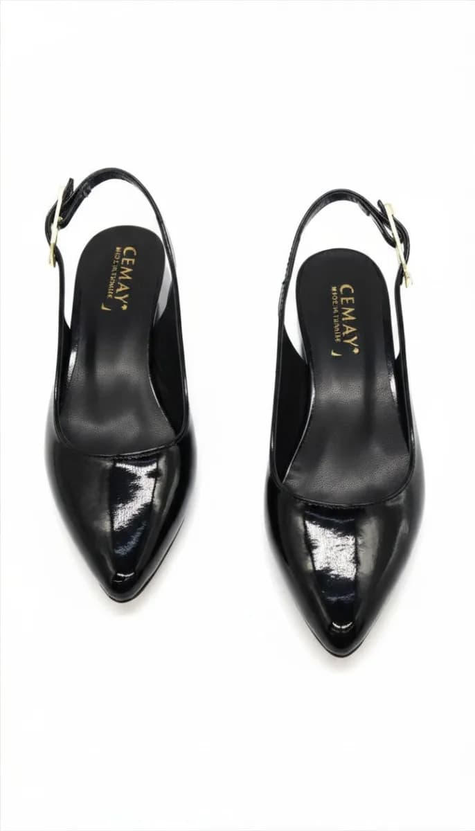 Kadın Siyah Rugan Alçak Kalın Topuklu Slingback Ayakkabı - görsel 3