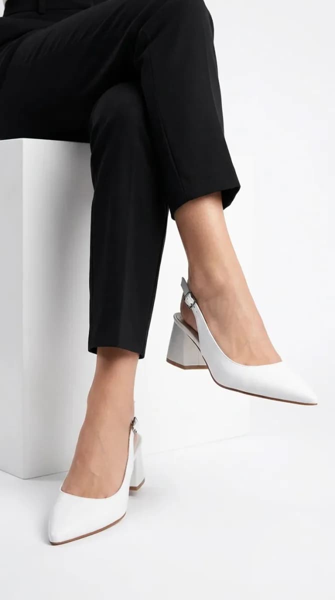 Kadın Beyaz Alçak Kalın Topuklu Slingback Ayakkabı - görsel 2